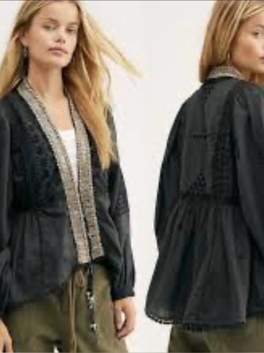Free People Black Romantic Embroidered Boho Jacket Metallic Trim L